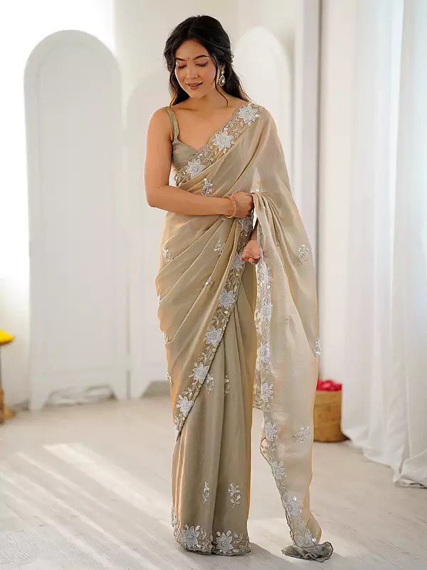 Gorgeous Fendy Satin Saree Adorned With Sequence Moti And Cutdana Embellishments Perfect For Designer Partywear