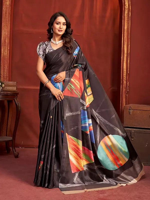 Malai Crepe Silk Saree Designer Printed Black Abstract Motifs Vibrant Contrast For Party Festive Reception Wear
