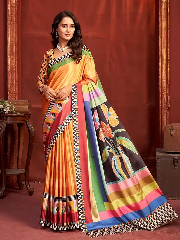Elegant Malai Crepe Silk Saree Featuring Stunning Designer Printed Multicolor Floral Patterns Ideal Luxurious Drape For Women