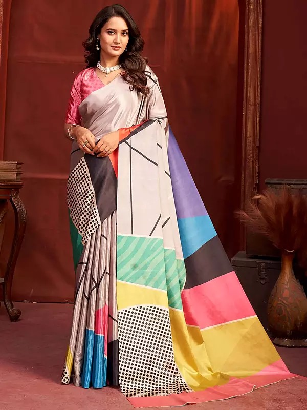 Stunning Malai Crepe Silk Saree With Designer Printed Multicolor Abstract Geometric Patterns Offering Luxurious Flowing Drape