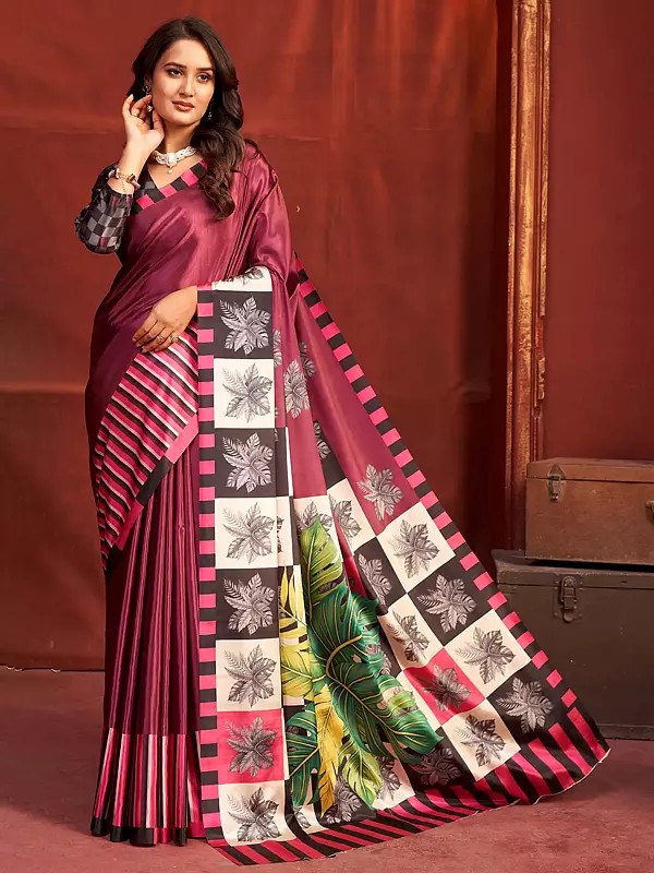 Luxurious Malai Crepe Silk Saree With Exclusive Designer Printed Leaf And Floral Patterns Featuring Striking Contrasting Stripes