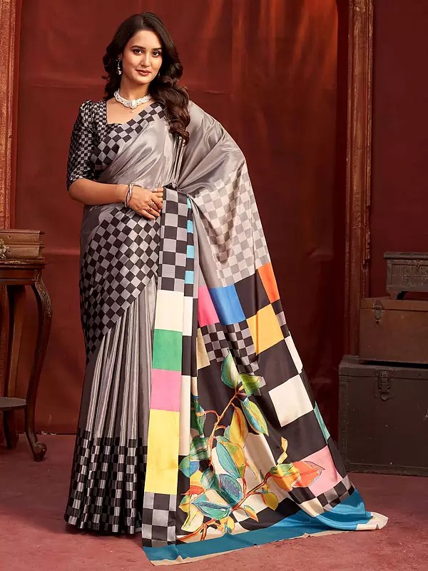 Radiant Malai Crepe Silk Saree Boasting Designer Printed Checkered Designs And Eye Catching For Women