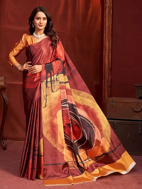 Striking Malai Crepe Silk Saree Featuring Bold Designer Printed Abstract Sunburst Patterns With Dramatic Contrast