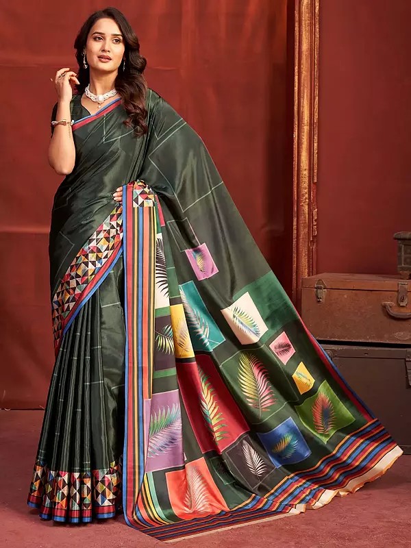 Malai Crepe Silk Saree Designer Printed Green Leaf Block Multicolor Rainbow Border Patterns Vibrant For Women