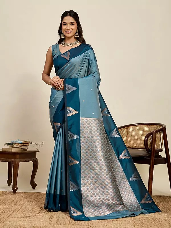 Soft Silk Saree With Woven Zari Designer Triangular Motifs And Contrast Border Patterns Perfect Elegant Drape For Women
