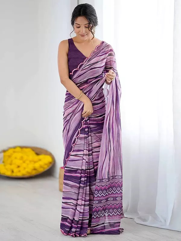 Stunning Georgette Saree Featuring Designer Printed Mirror Cut Work With Flowing Striped Gradient Design For Women