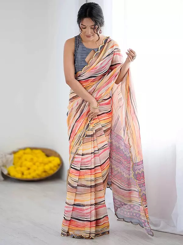 Captivating Designer Printed Mirror Cut Work Georgette Saree Flowing Multicolor Striped Gradient Ideal Luxurious Drape