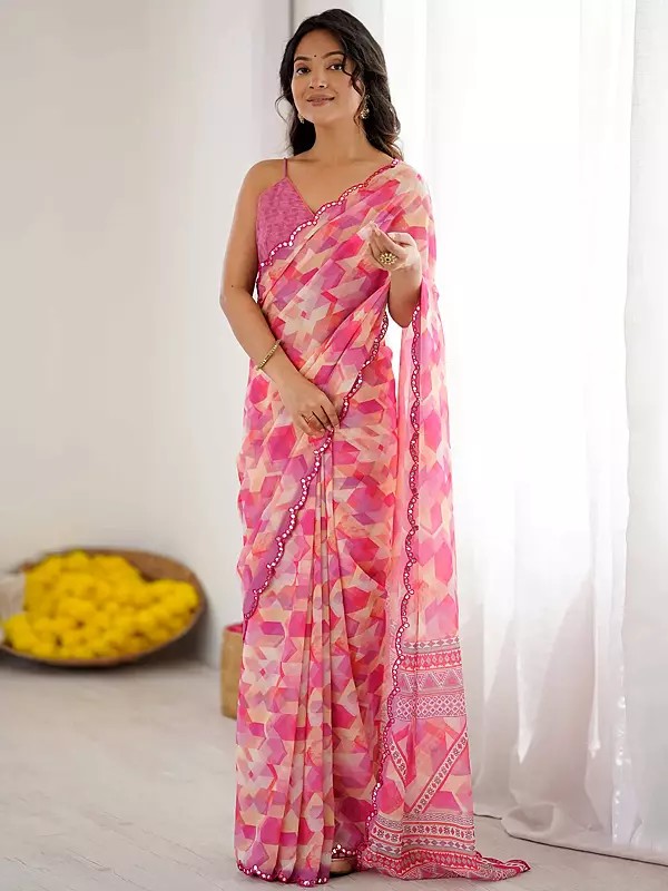 Elegant Designer Printed Mirror Cut Work Flowing Georgette Saree For Festive Party Ethnic Wear For Women