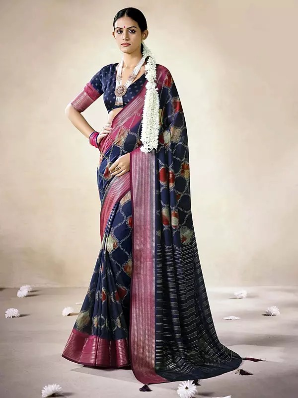 Mass Melo Saree With Woven Border Designer And Foil Printed Pattern For Elegant Ethnic Wear For Women