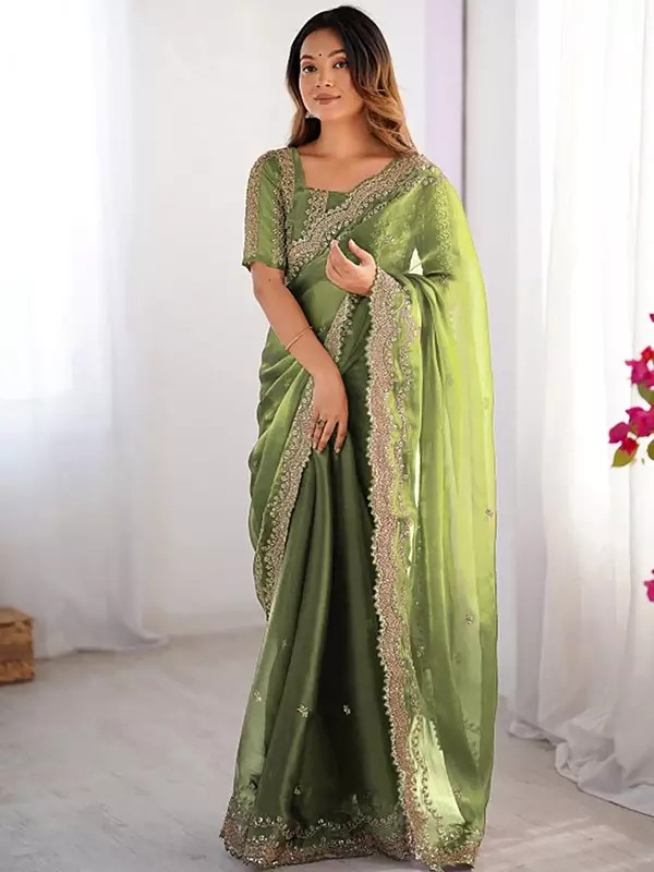 Premium Burberry Silk Saree Featuring Exquisite Designer Embroidery Work Delicate Border Detailing