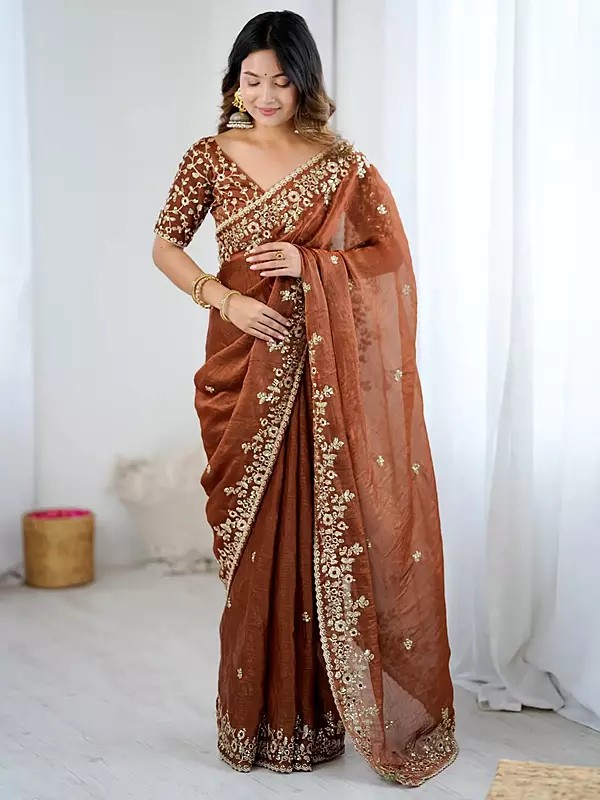 Luxurious Fendy Chiffon Saree Adorned With Intricate Designer Embroidery Delicate Border Accents And Graceful