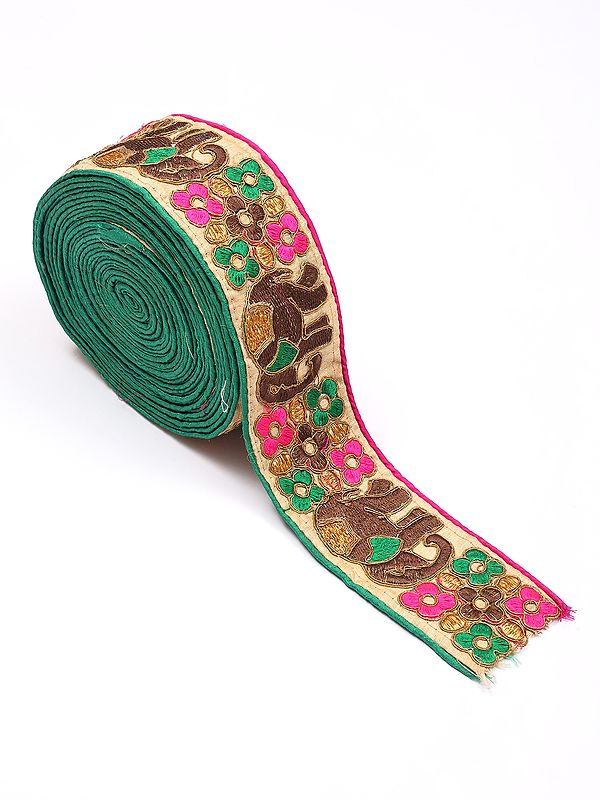 Beige Fabric Border with Embroidered Elephants and Flowers