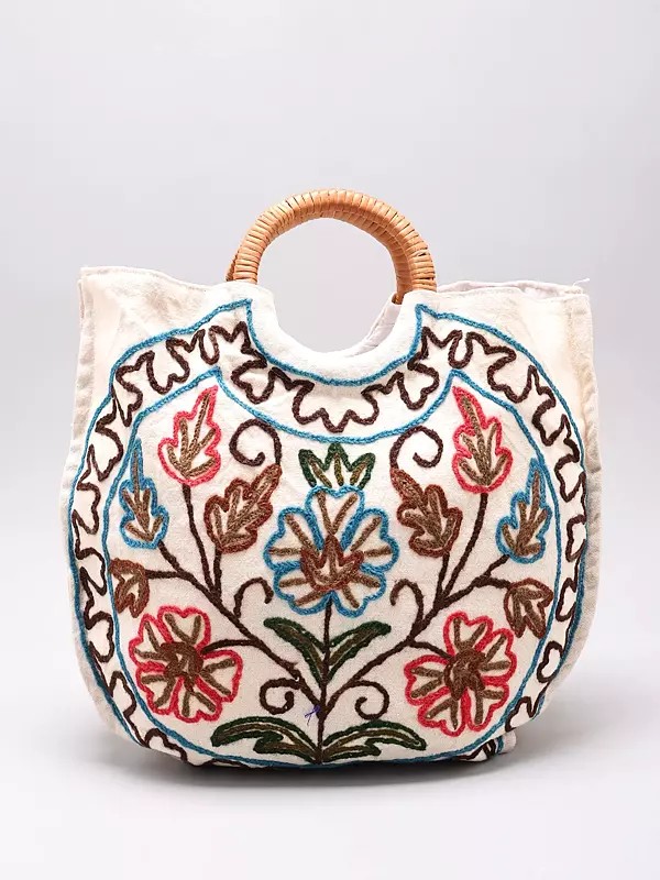 Shopper Bags with Floral Crewel Embroidery and Wooden Handle from Kashmir