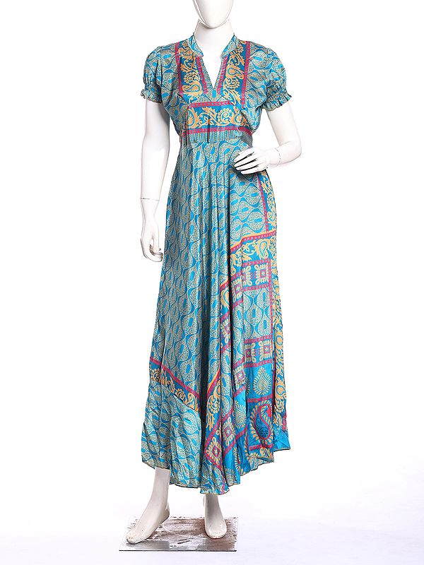 Vintage Floral Print Cap Sleeve Long Silk Dress