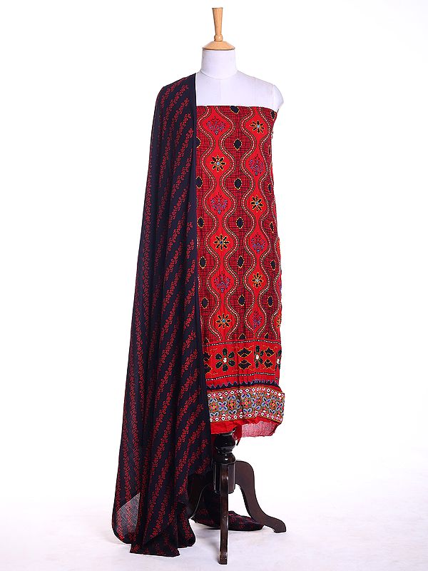 Mars-Red Three Piece Salwar Kameez Fabric and Dupatta from Gujarat with Multicolor Embroidery and Mirrors