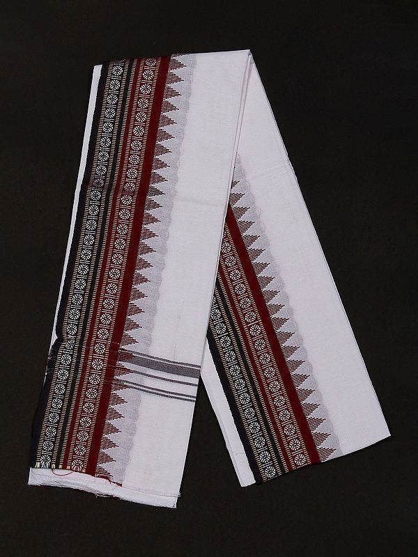 Brilliant-White Pure Cotton Temple Border Angavastram from Odisha