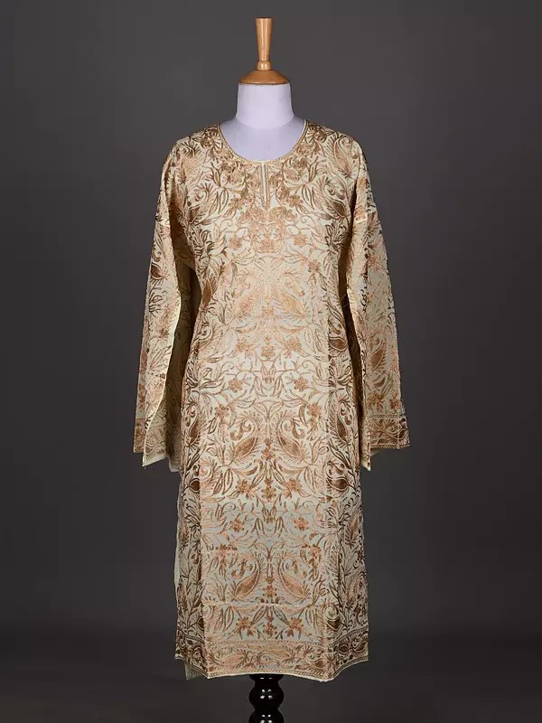 Georgette Long Kurti with Chain Stitch Aari Embroidered Flowers