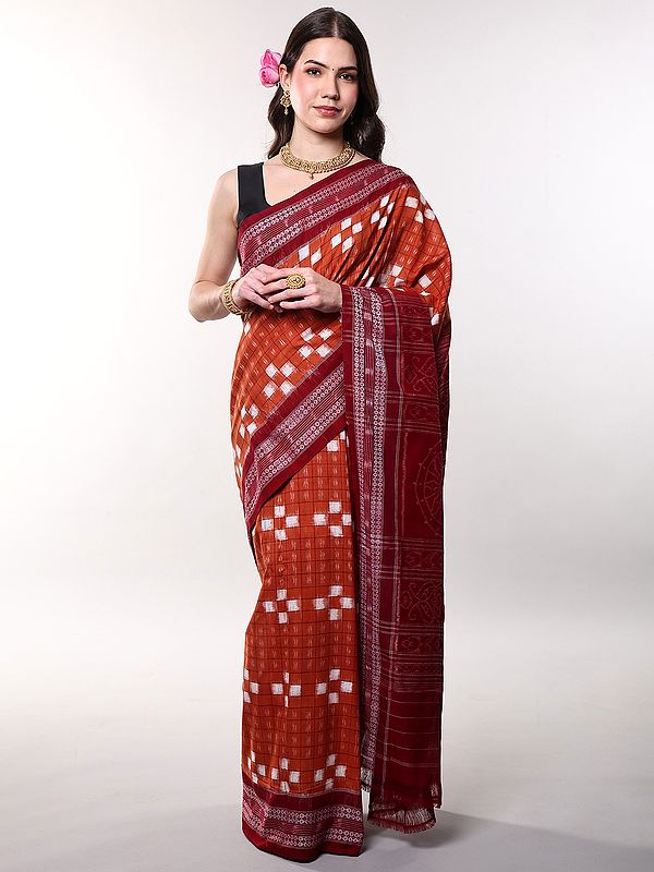 Dusted-Clay Pure Cotton Ikat Saree with Contrast Rudraksha Border from Sambhalpur