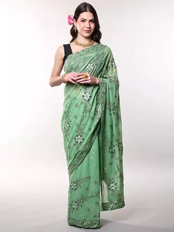 Pistachio-Green Floral Embroidered Saree with Sequins work
