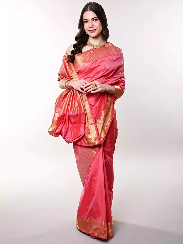 Flowering-Ginger Pure Silk Saree from Bangalore with Zari woven Bootis and Floral Border