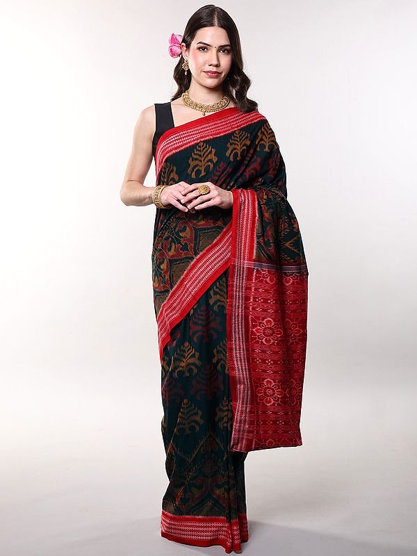 Bistro-Green Pure Cotton Ikat Handloom Saree from Sambhalpur with Rudraksha Boder