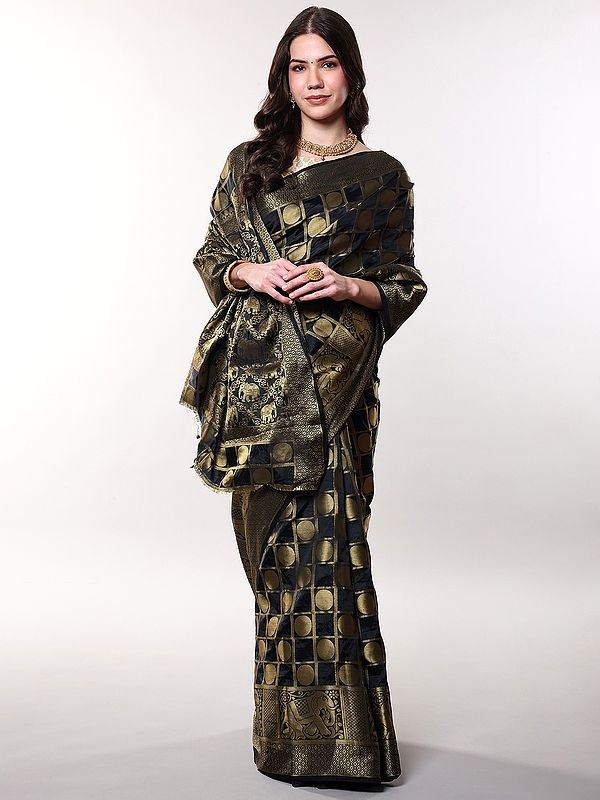 Bristol-Black Elephant Border Saree with Zari Woven Checks from Bangalore