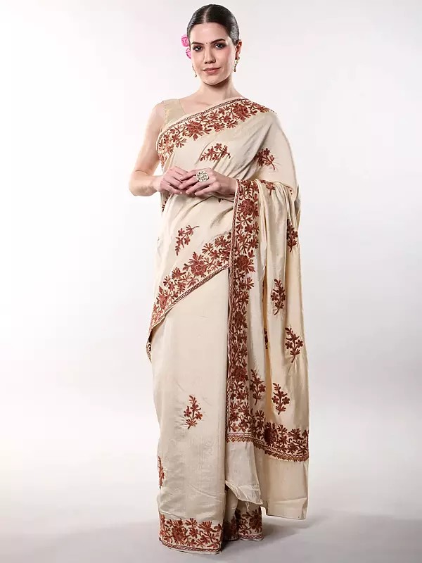 Kashmiri Saree with Aari Embroidered Floral Border and Pallu