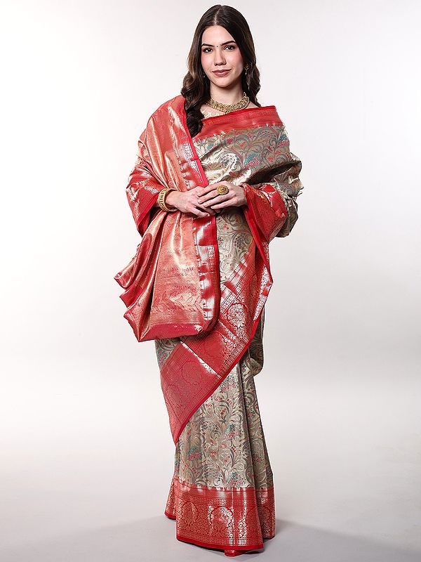 Gilded-Beige Intricate Zari woven Saree with Floral Wide Border from Bangalore