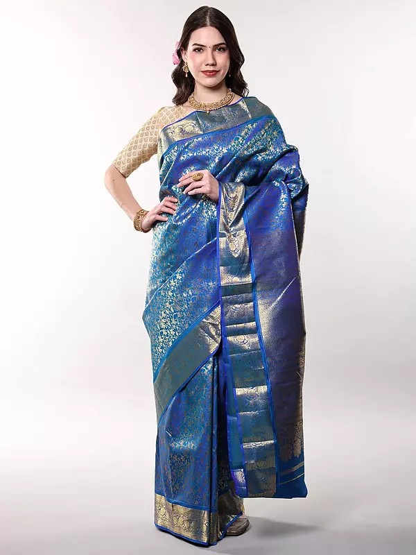 Methyl-Blue Pure Silk Saree with Zari woven Floral Leaf Vines from Bangalore