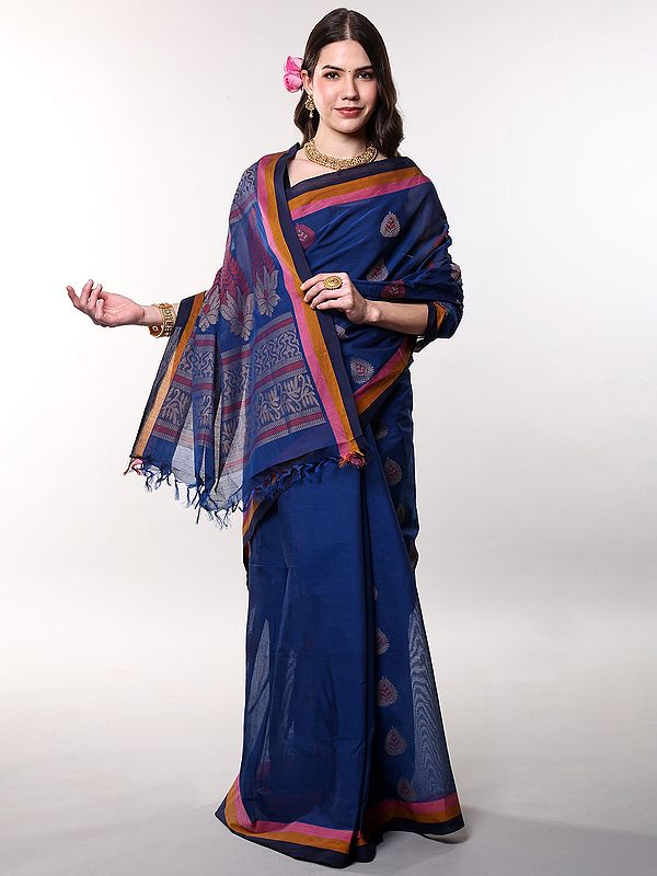 Beaucoup-Blue Cotton Saree from Vadambacheri with Woven Bootis and Paisley Pallu