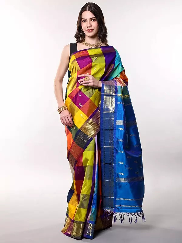 Multicolor Checks Motifs Pure Silk Saree with Zari wovne Bootis and Border from Kumbakonam