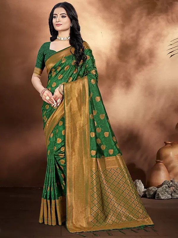 Woven Leaf Motifs All Over Fancy Festive Wear Silk Saree With Blouse