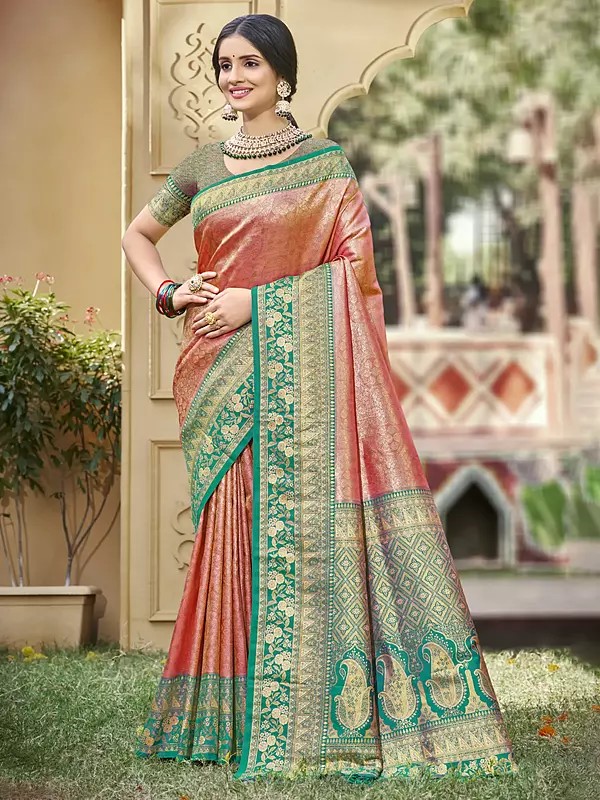 Silk Floral Broad Border Fancy Party Wear Banarasi Silk Saree With Paisleys Motif Contrast Pallu