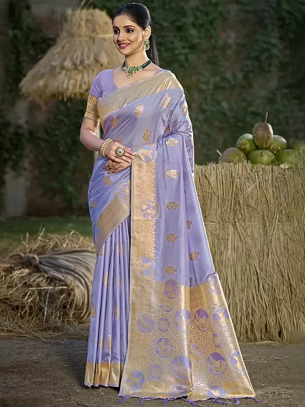 Silk Floral Motifs Fancy Party Wear Saree With Attractive Weaved Pallu