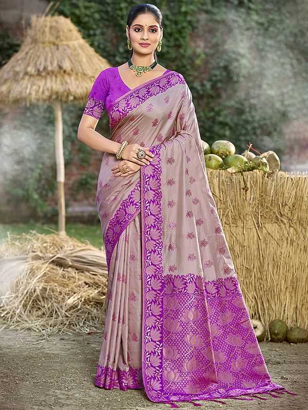 Woven Floral Motifs Attractive Silk Saree With Lotus Flower Tassels Pallu