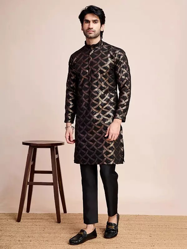 Silk Thread And Sequins Embroidery Work Full Sleeve Kurta For Casual Occasion