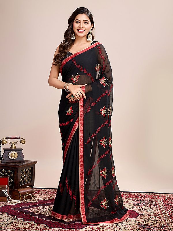 Floral Printed All Over Party Wear Georgette Soft Silk Saree With Blouse