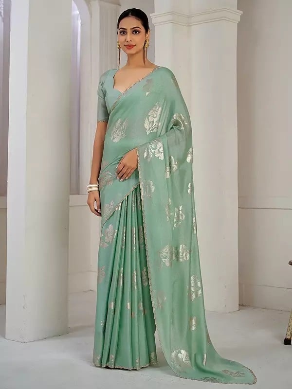 Zircon Work Border With Foil Print Floral Designer Party Wear Chinon Silk Saree With Blouse