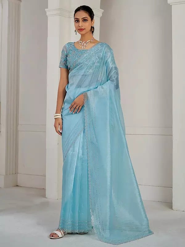 Soft Organza Heavy Zircon Border And Sequins Embroidery Work Saree With Matching Blouse