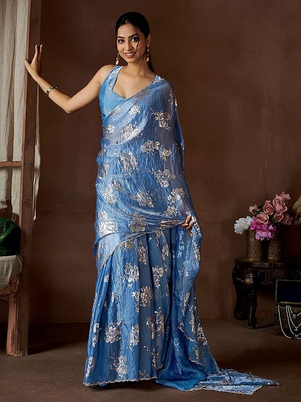 Pure Satin Silk Heavy Zircon Work Border With Foil Print Floral Designer Saree With Matching Blouse