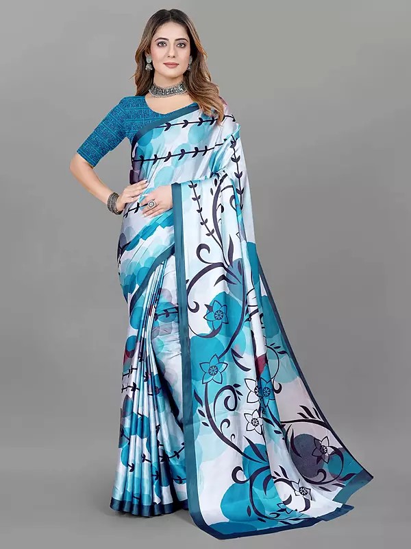 Pattens-Blue Japan Crepe Floral Digital Print Designer Casual Wear Saree With Blouse