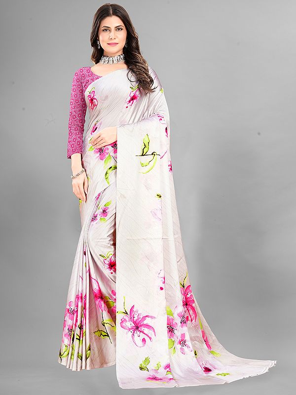 Floral-White Japan Crepe Digital Print Casual Wear Fancy Saree With Blouse