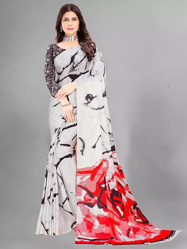 Vista-White Japan Crepe Digital Print Designer Party Wear Saree With Attractive Blouse