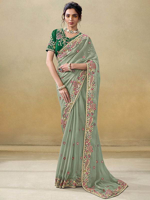 Chiffon Embroidery With Sequins Work Attractive Border Fancy Party Wear Saree With Blouse