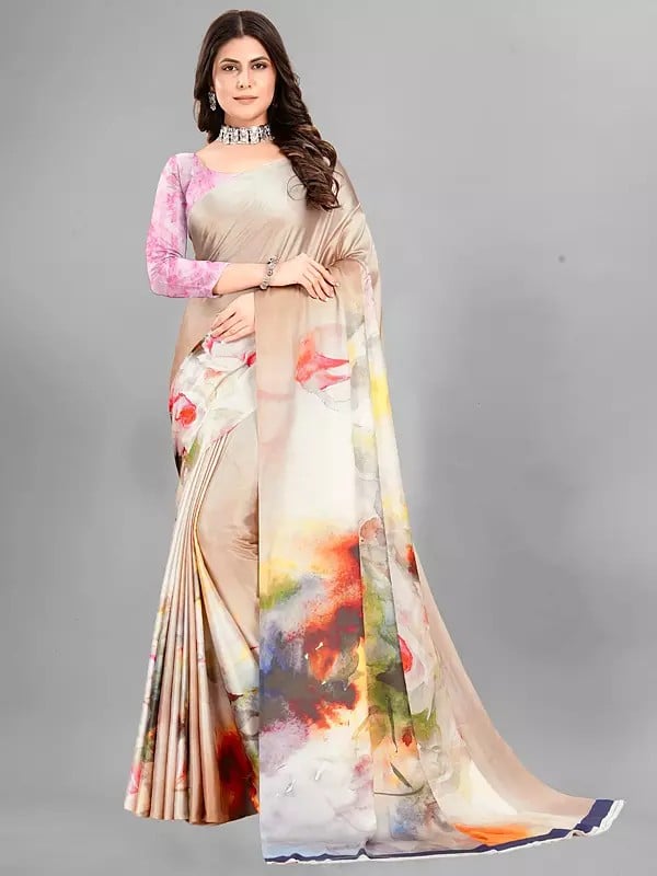 Multicolor Digital Print Designer Party Wear Japan Crepe Saree With Blouse