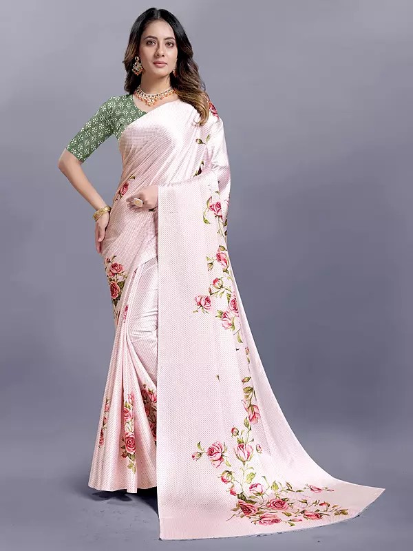 Wisp-Pink Floral Digital Print Attractive Wedding Wear Japan Crepe Saree With Blouse