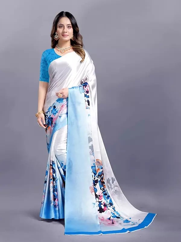 White-Smoke Japan Crepe Floral Digital Print Fancy Saree With Blouse For Casual Occasion