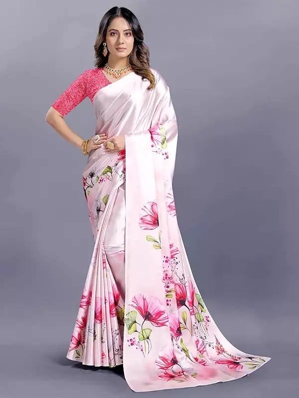 Wisp-Pink Japan Crepe Digital Print Designer Floral Saree With Blouse