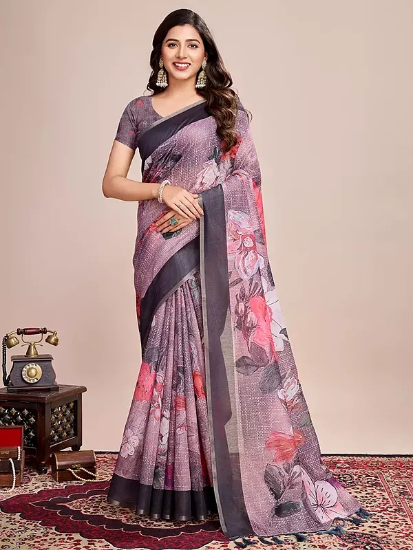 All Over Floral Print Semi Linen Saree With Tassels Pallu For Festival Occasion