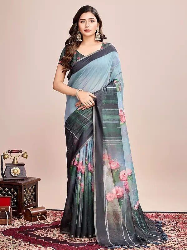 Powder-Blue Floral Motifs Print Semi Linen Festive Wear Saree With Tassels Pallu